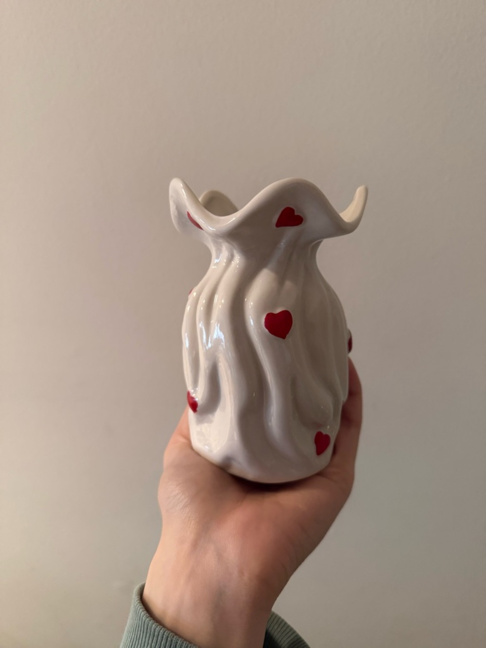 White Ceramic Vase with Red Hearts